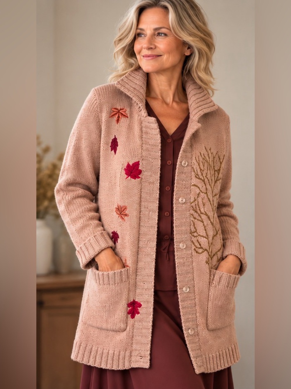 Sweater Stories Canadian Maple Leaf Embroidered Long Cardigan M